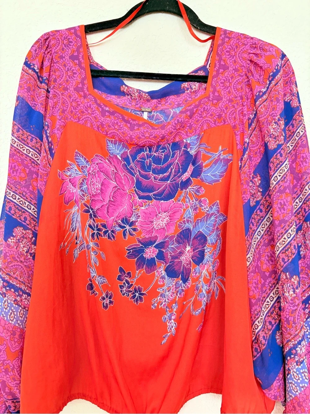 Free People Blue Nile Floral Print Blouse Exaggerated Sleeves Pull-On Top XL